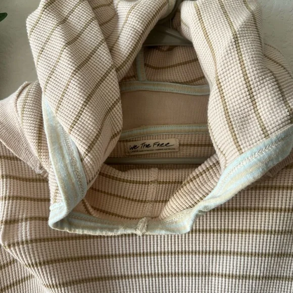 Free People blush, beige, striped tunic pullover hooded waffle knit top XL - Picture 7 of 7
